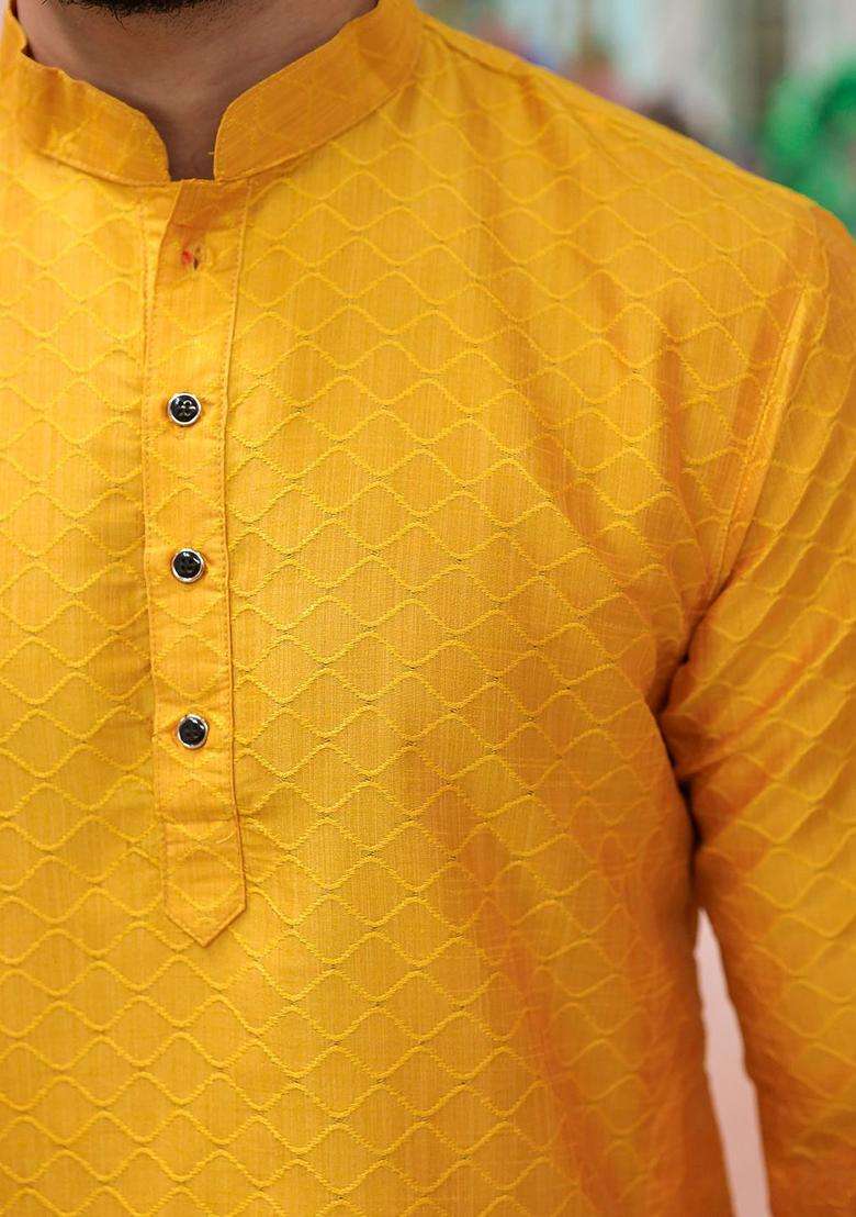 Yellow Woven Design Silk Blend Kurta Set For Men - Indya