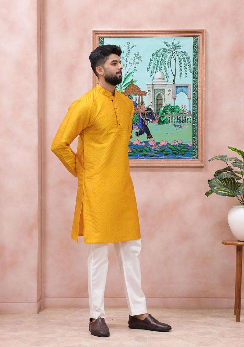 Yellow Woven Design Silk Blend Kurta Set For Men - Indya