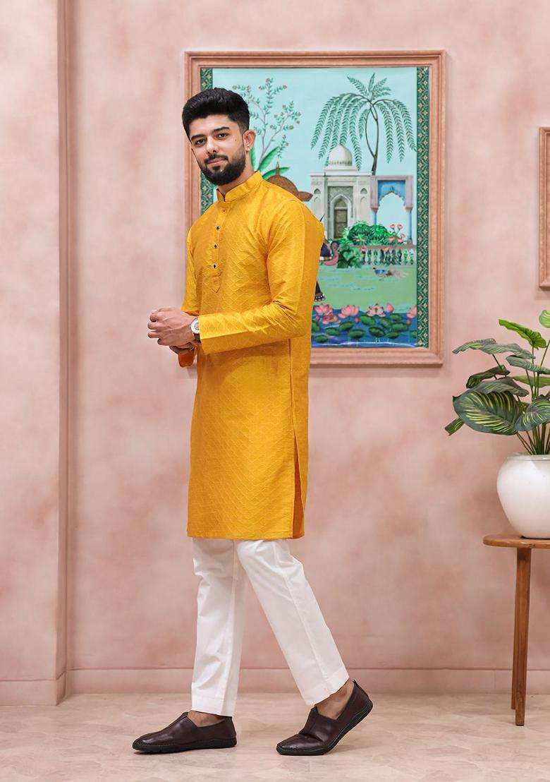 Yellow Woven Design Silk Blend Kurta Set For Men - Indya