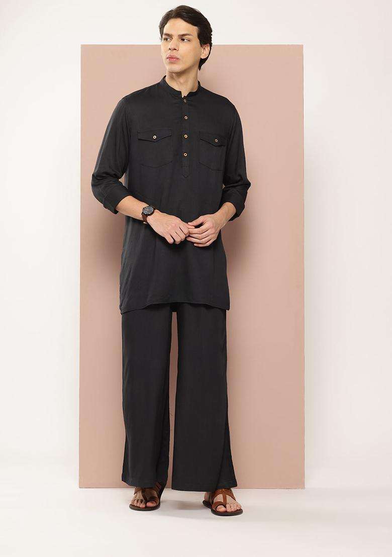 Black Solid Viscose Kurta Set For Men - Indya