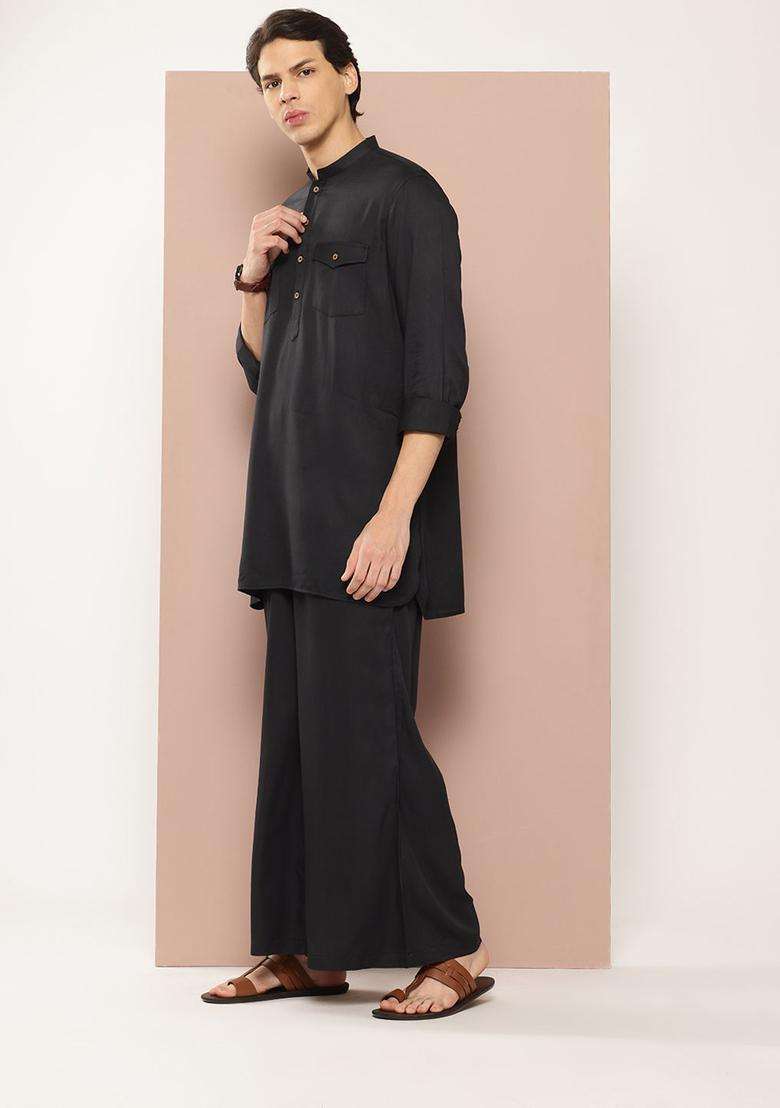 Black Solid Viscose Kurta Set For Men - Indya