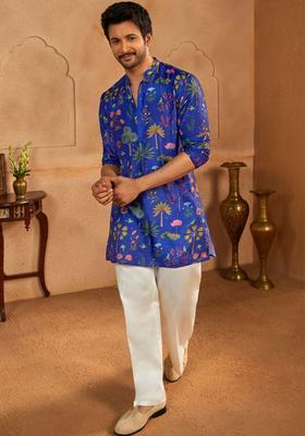 Blue Printed Silk Kurta Set For Men