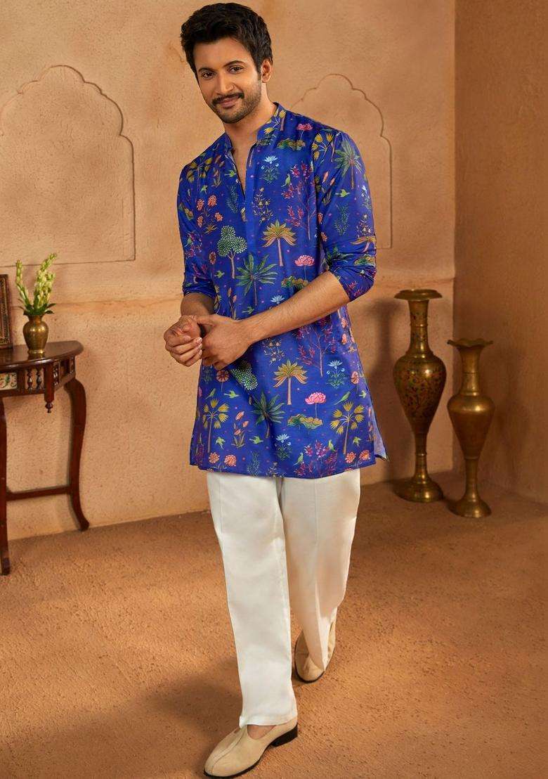 Blue Printed Silk Blend Kurta Set For Men - Indya