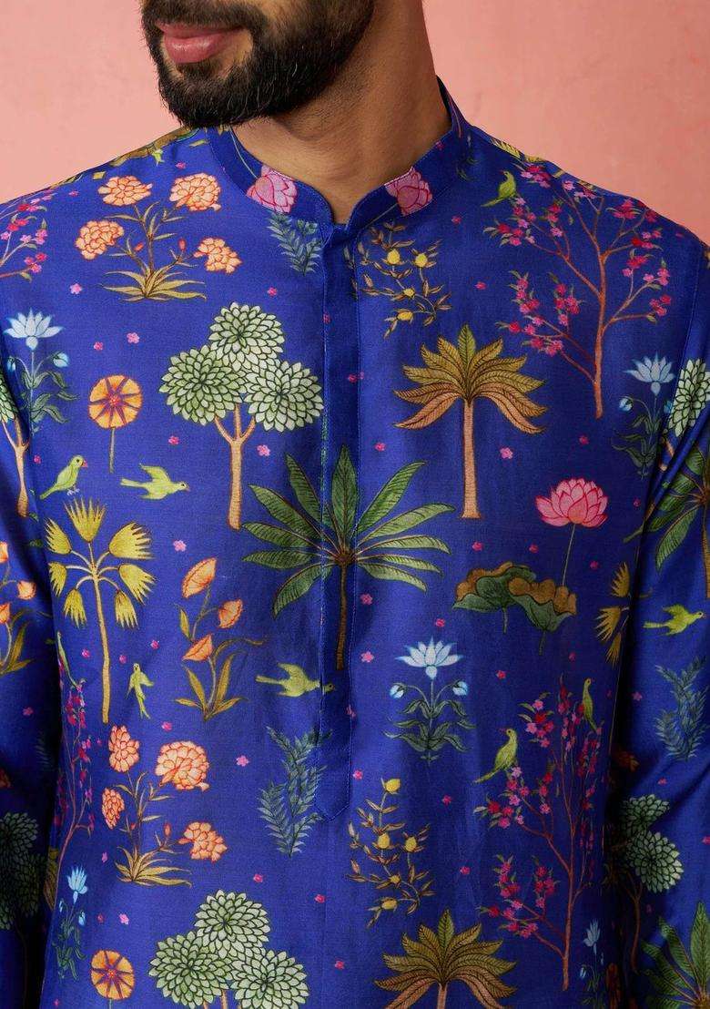 Blue Printed Silk Blend Kurta Set For Men - Indya
