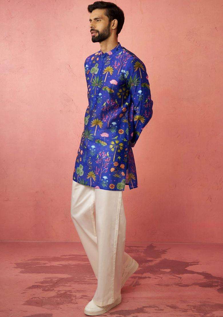 Blue Printed Silk Blend Kurta Set For Men - Indya