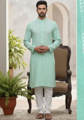 Sea Green Self Design Cotton Kurta Set For Men