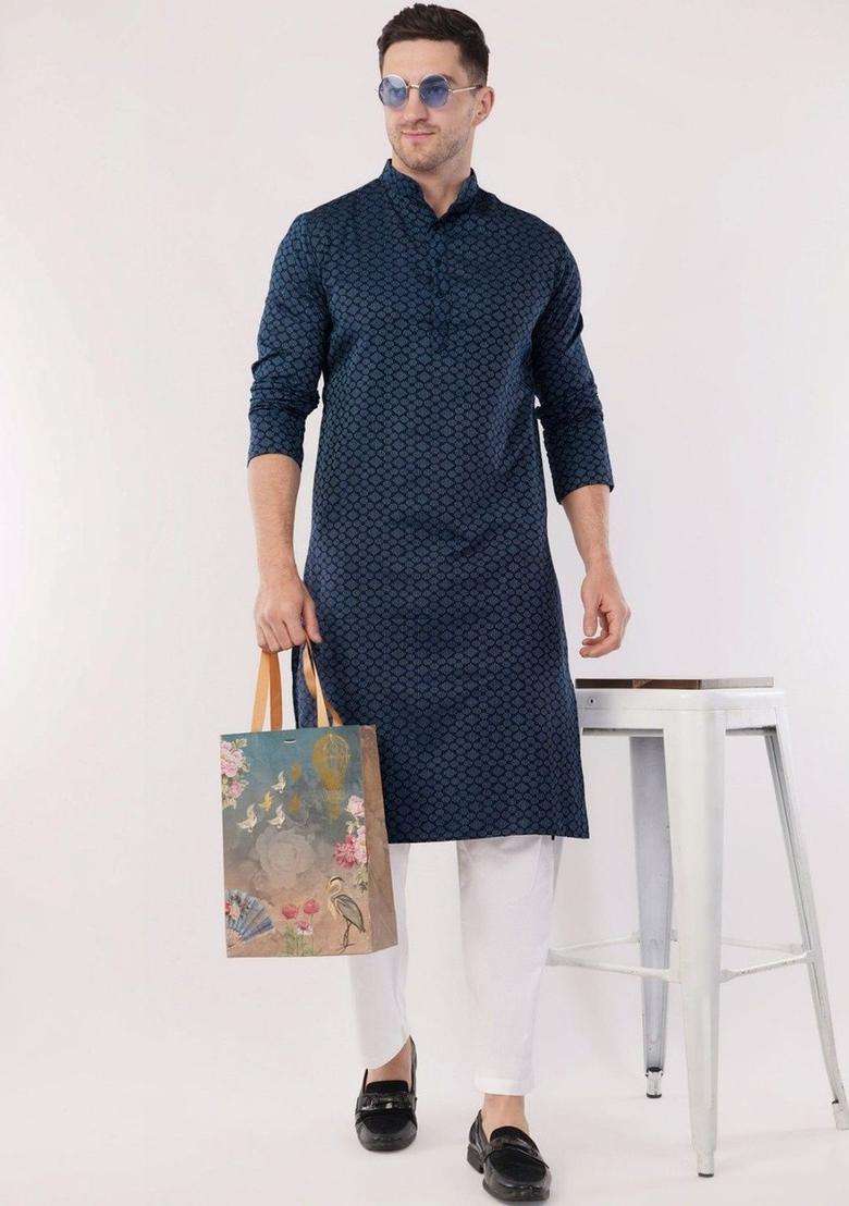 Navy Blue Woven Design Cotton Kurta Set For Men - Indya