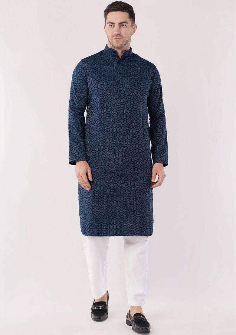 Navy Blue Woven Design Cotton Kurta Set For Men - Indya