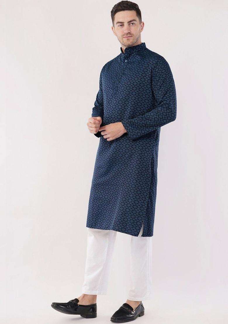 Navy Blue Woven Design Cotton Kurta Set For Men - Indya