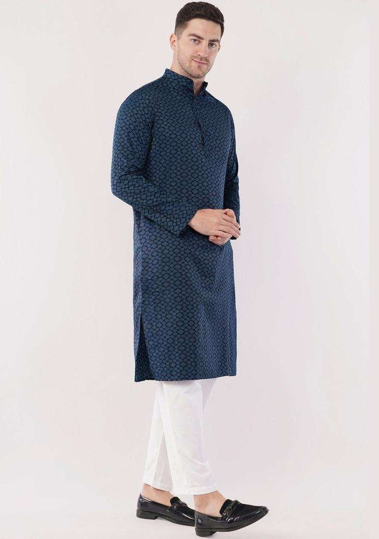 Navy Blue Woven Design Cotton Kurta Set For Men - Indya