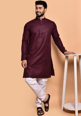 Purple Solid Cotton Kurta Set For Men