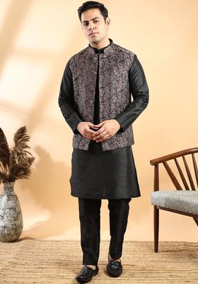 Black Solid Silk Kurta Set For Men