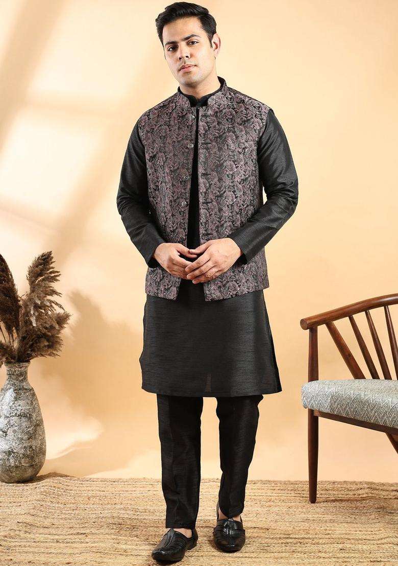 Black Solid Silk Blend Kurta Set For Men - Indya