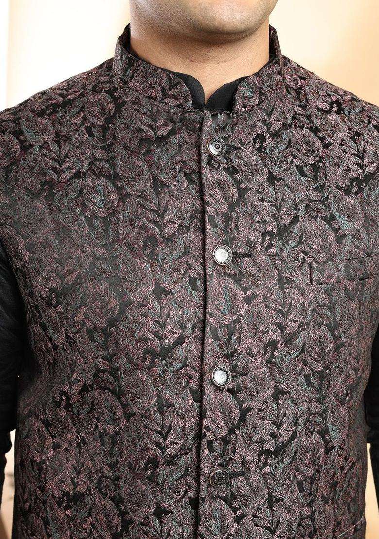 Black Solid Silk Blend Kurta Set For Men - Indya