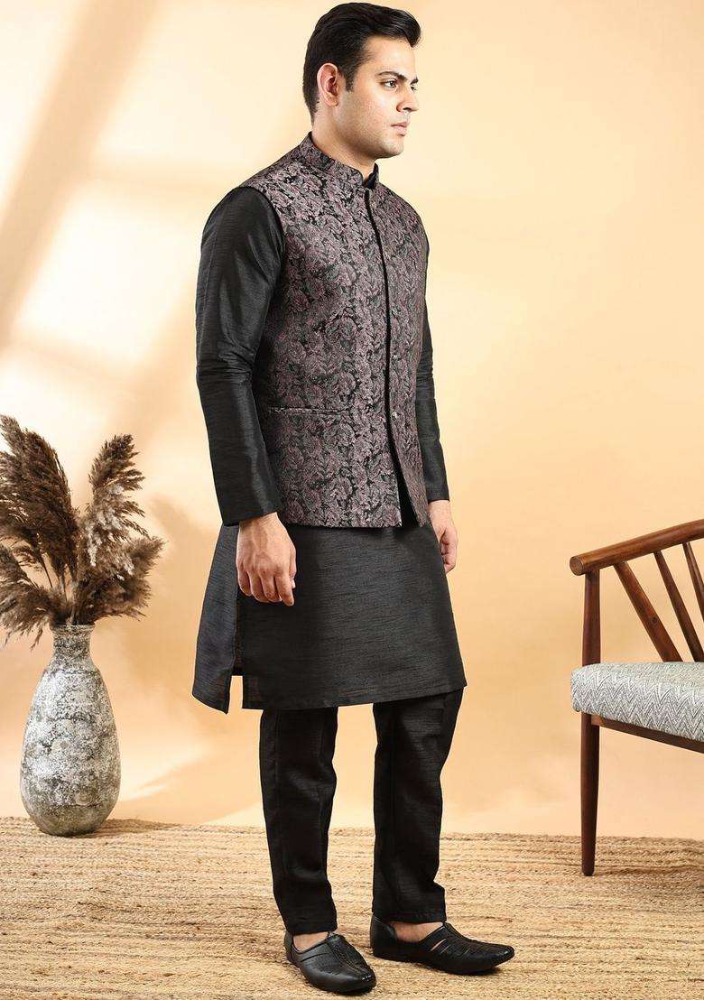 Black Solid Silk Blend Kurta Set For Men - Indya