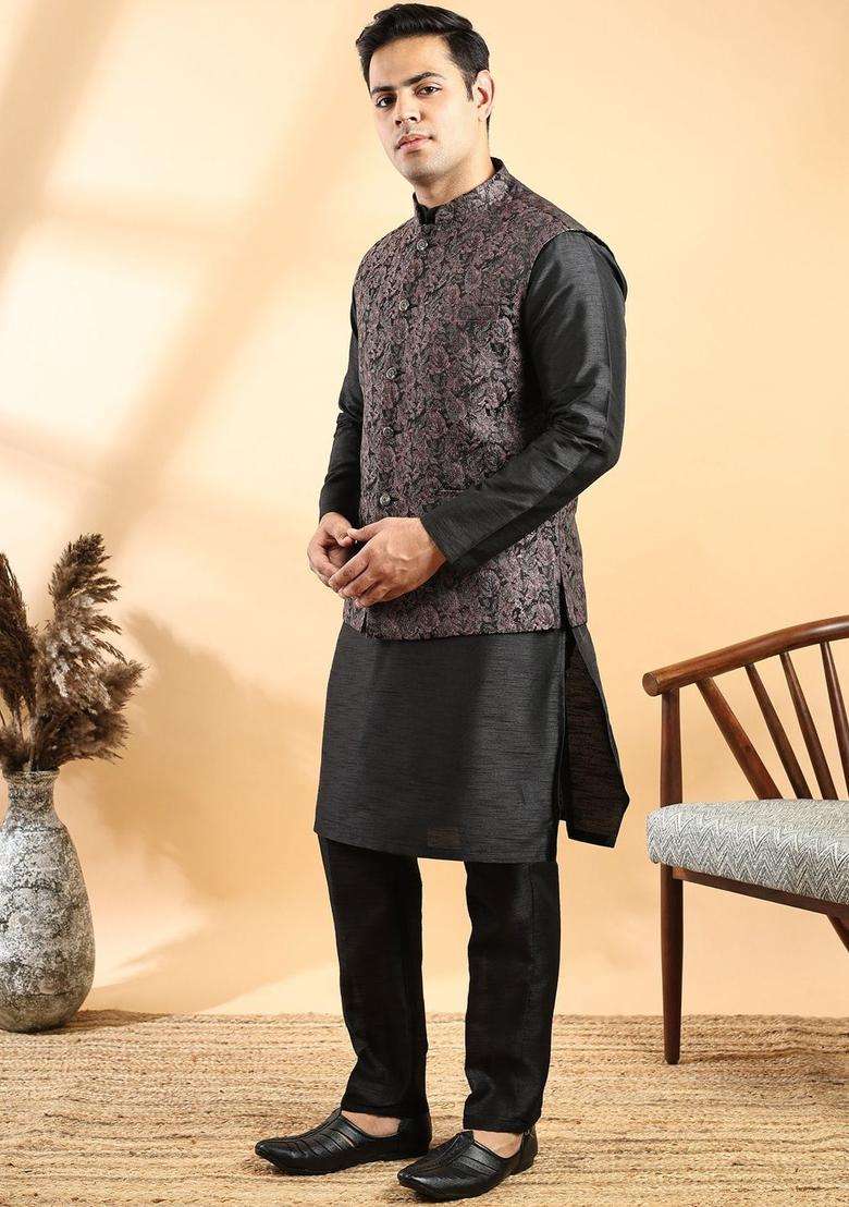 Black Solid Silk Blend Kurta Set For Men - Indya