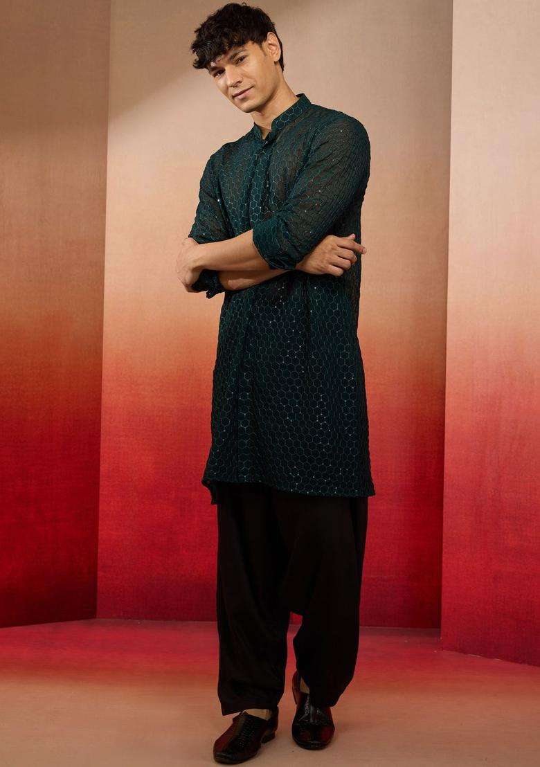 Green Woven Design Georgette Kurta Set For Men - Indya