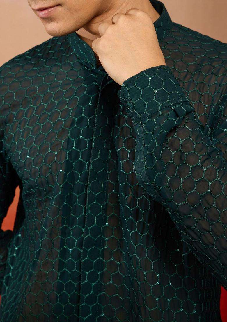 Green Woven Design Georgette Kurta Set For Men - Indya