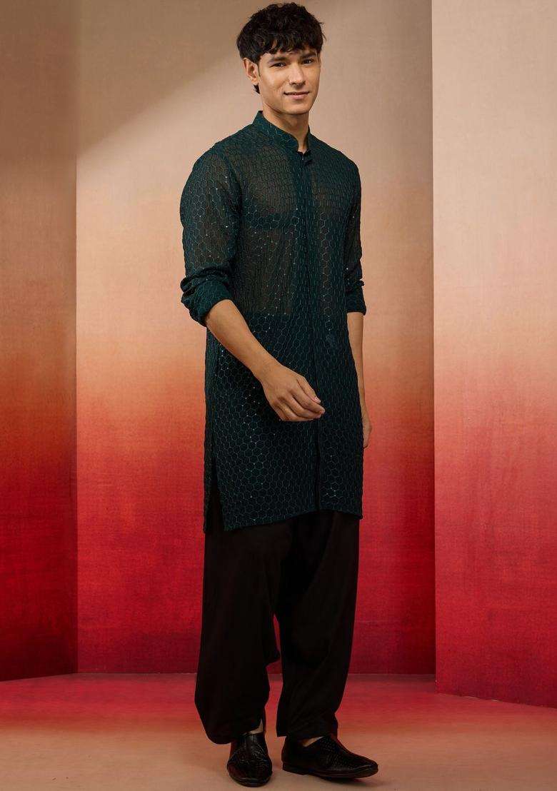 Green Woven Design Georgette Kurta Set For Men - Indya