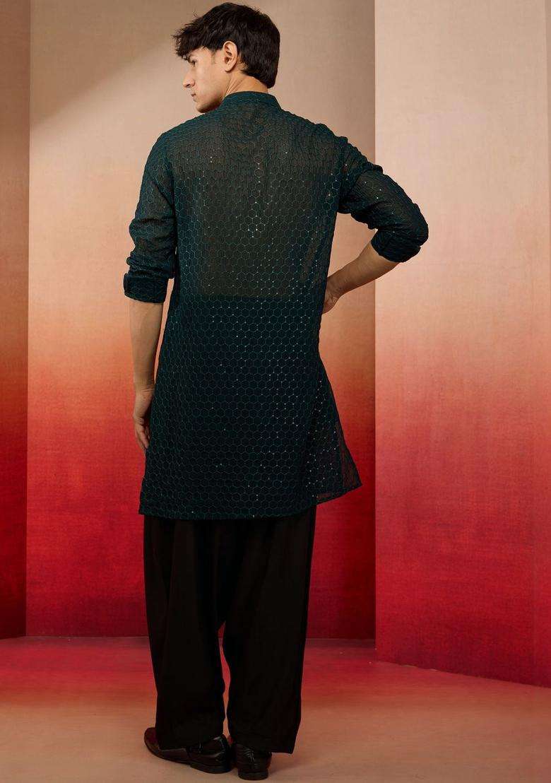 Green Woven Design Georgette Kurta Set For Men - Indya