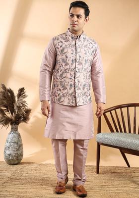 Pink Solid Silk Kurta Set For Men