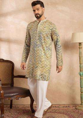 Multi Printed Silk Kurta Set For Men