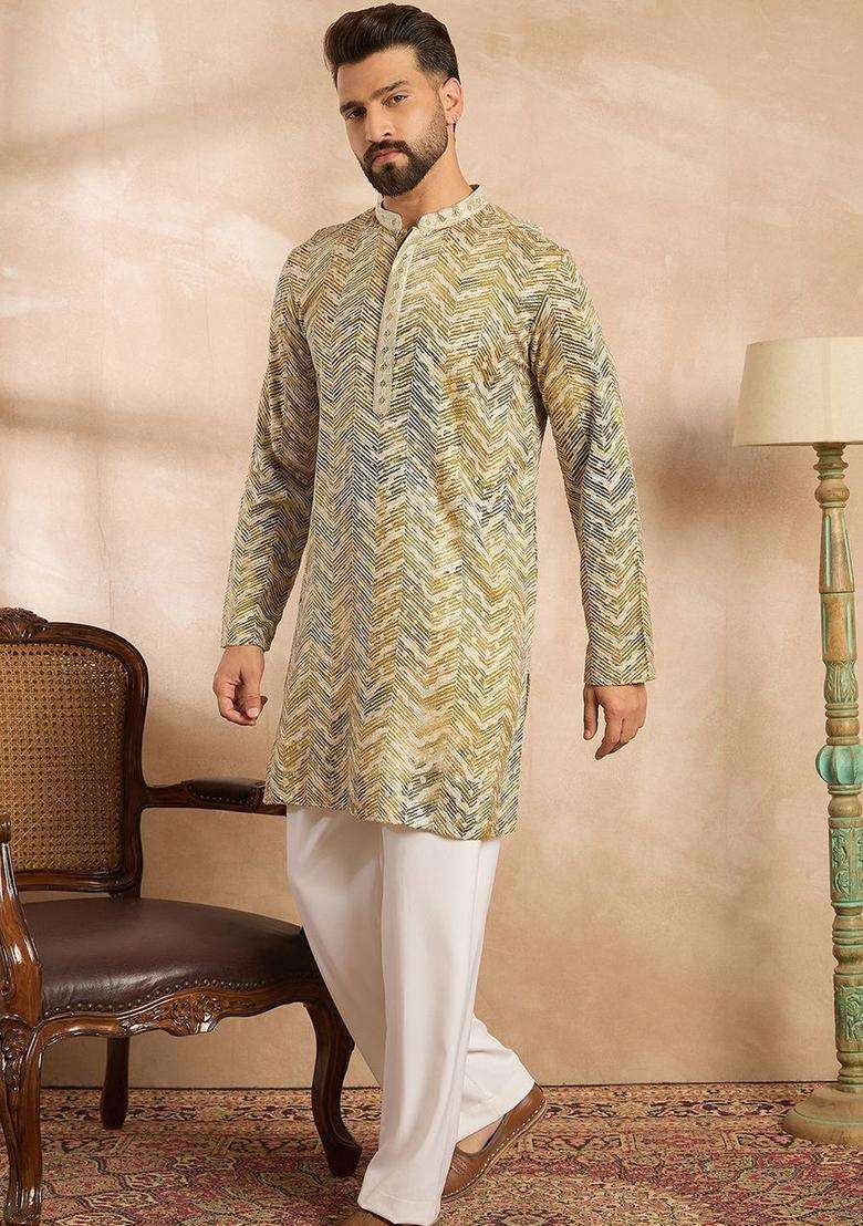 Multi Printed Silk Kurta Set For Men - Indya