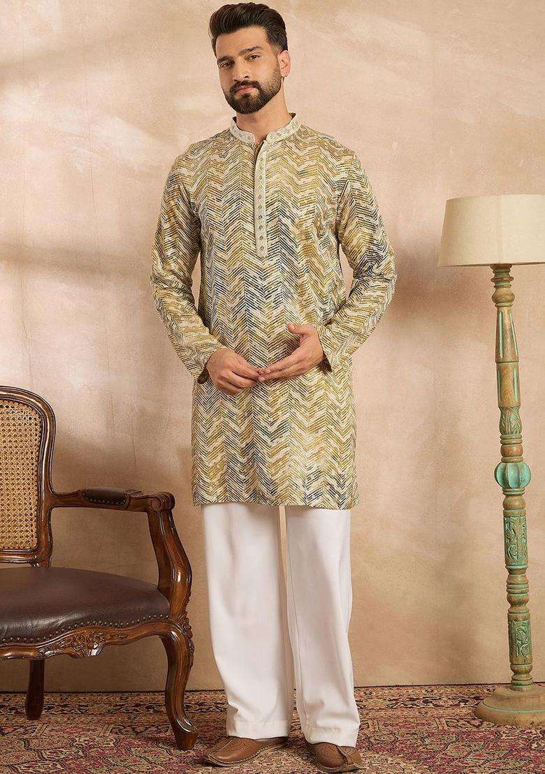 Multi Printed Silk Kurta Set For Men - Indya