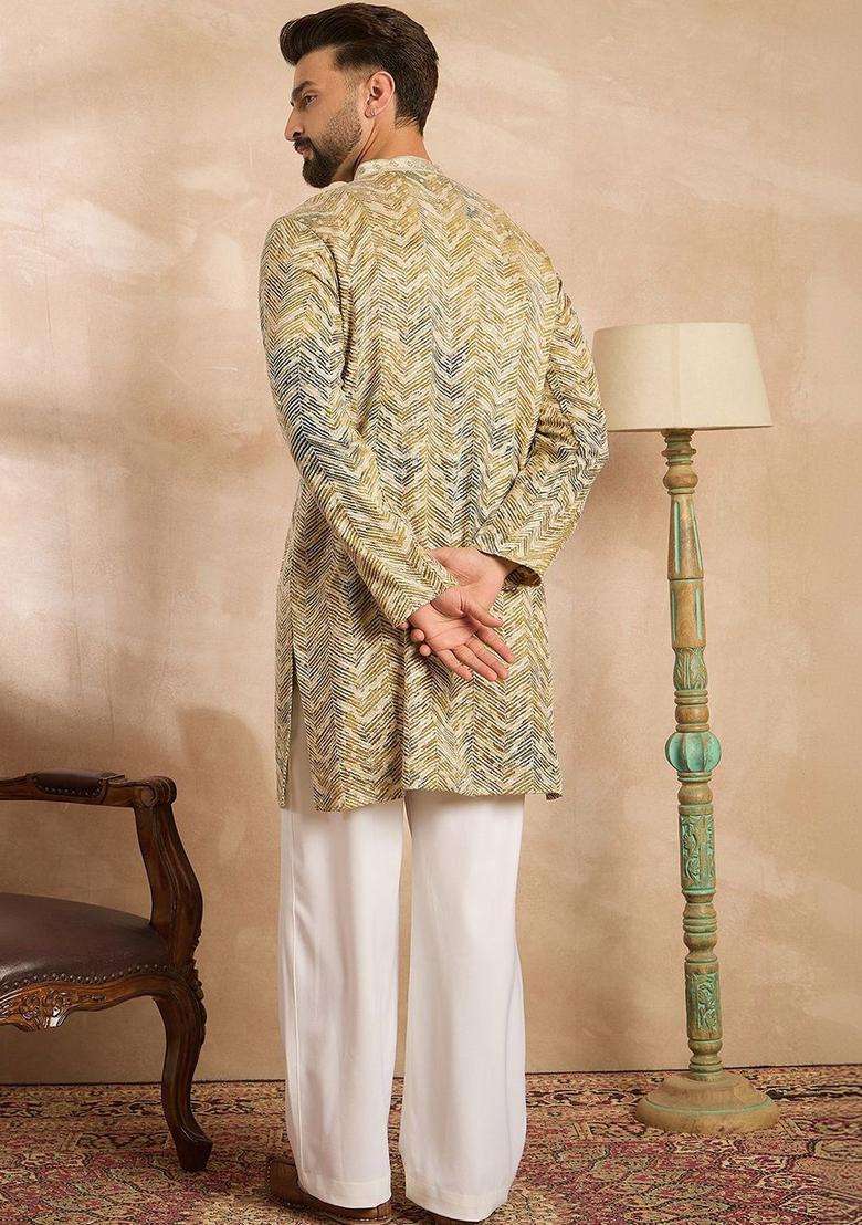 Multi Printed Silk Kurta Set For Men - Indya