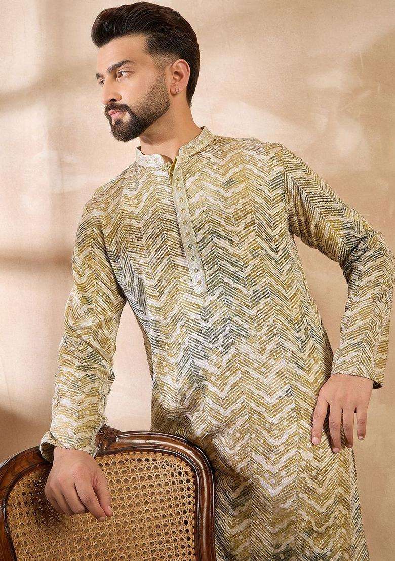 Multi Printed Silk Kurta Set For Men - Indya