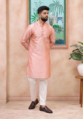 Pink Woven Design Silk Kurta Set For Men