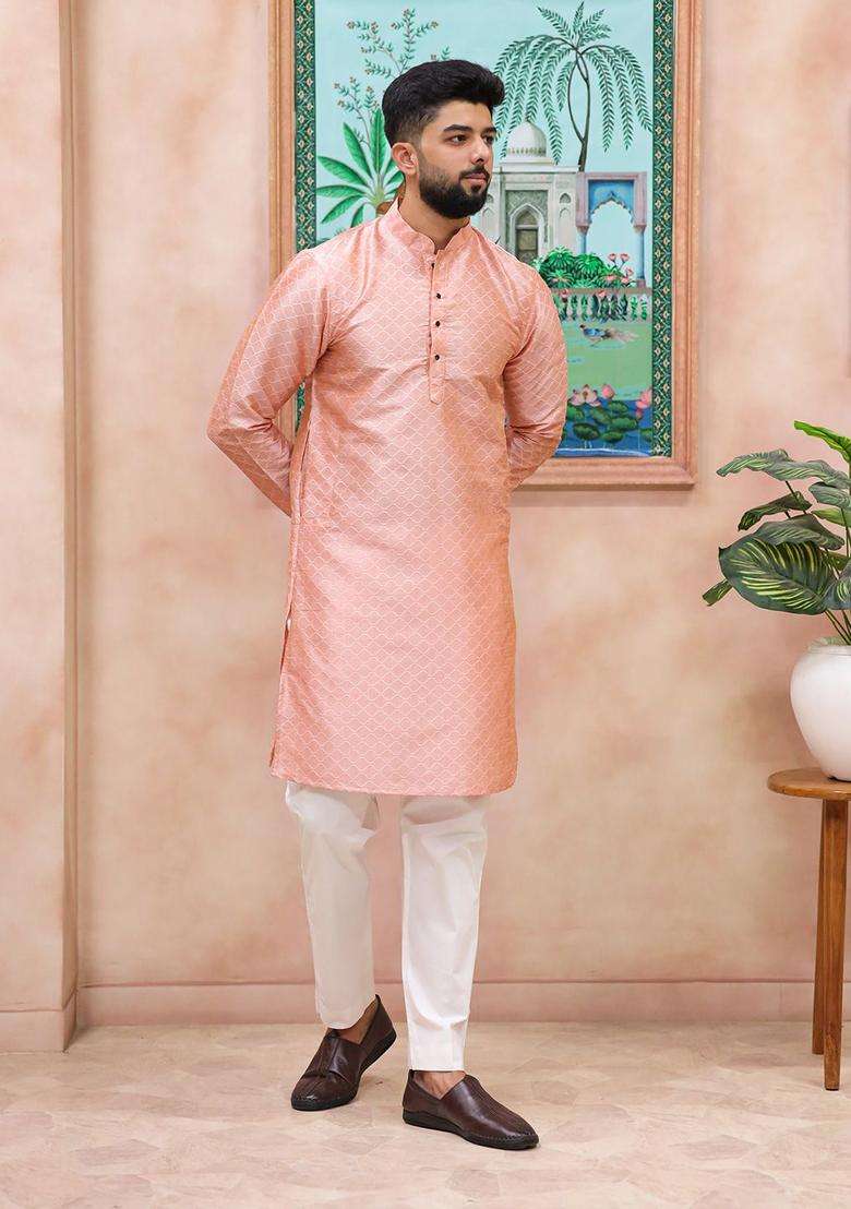 Pink Woven Design Silk Blend Kurta Set For Men - Indya