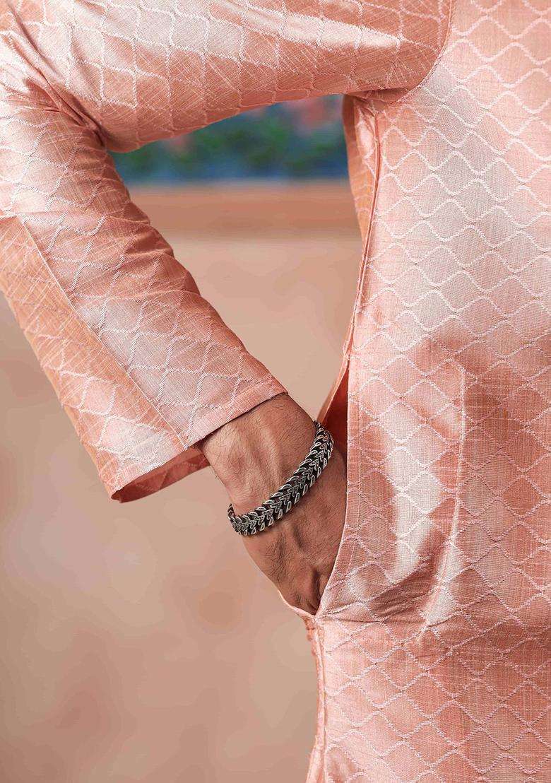 Pink Woven Design Silk Blend Kurta Set For Men - Indya