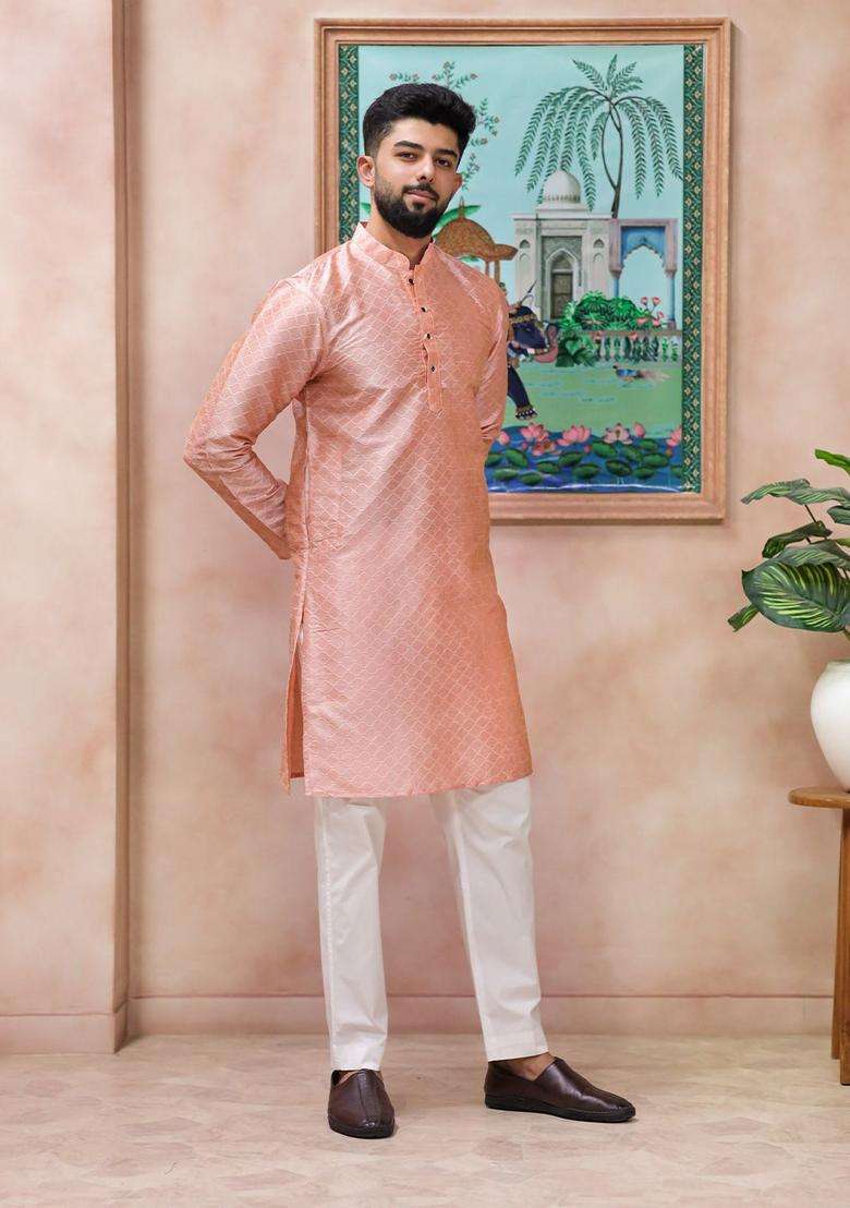 Pink Woven Design Silk Blend Kurta Set For Men - Indya