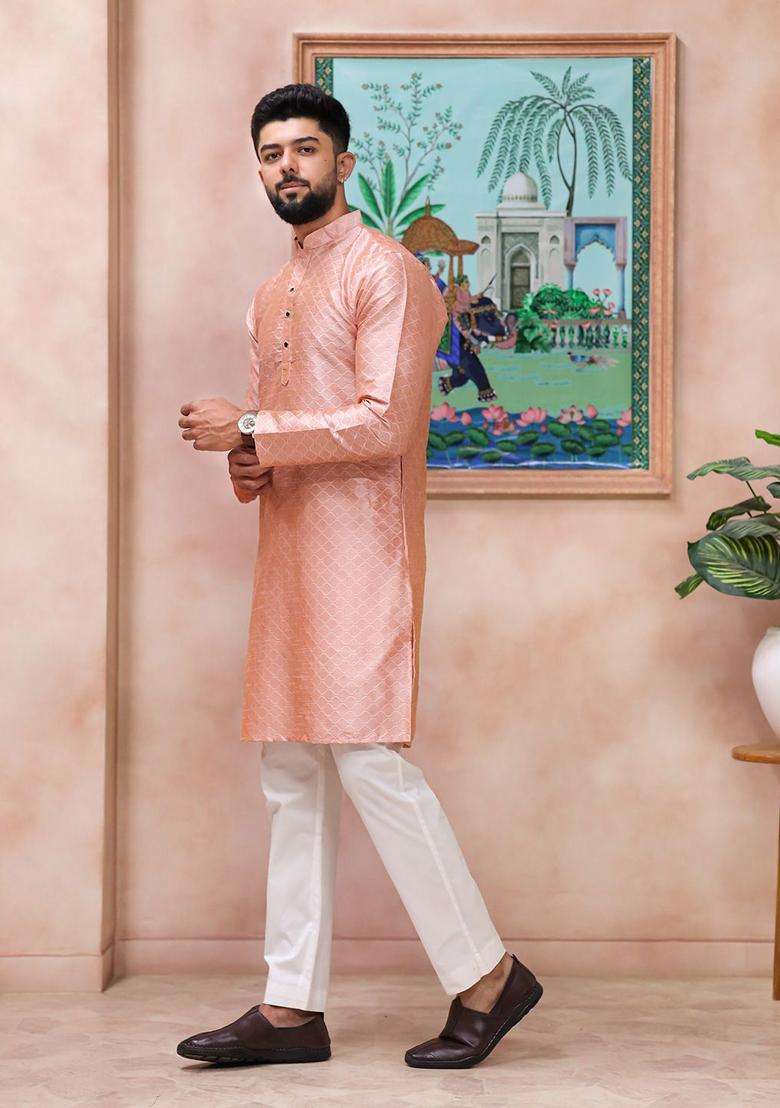 Pink Woven Design Silk Blend Kurta Set For Men - Indya
