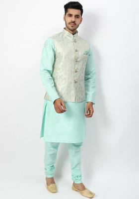 Sea Green Solid Silk Kurta Set For Men