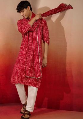 Red Printed Viscose Kurta Set For Men