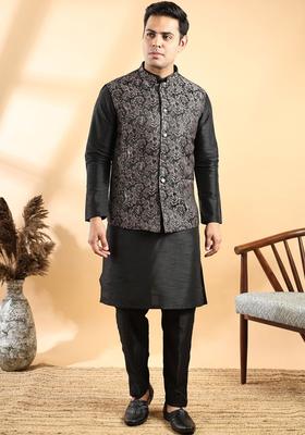 Black Solid Silk Kurta Set For Men