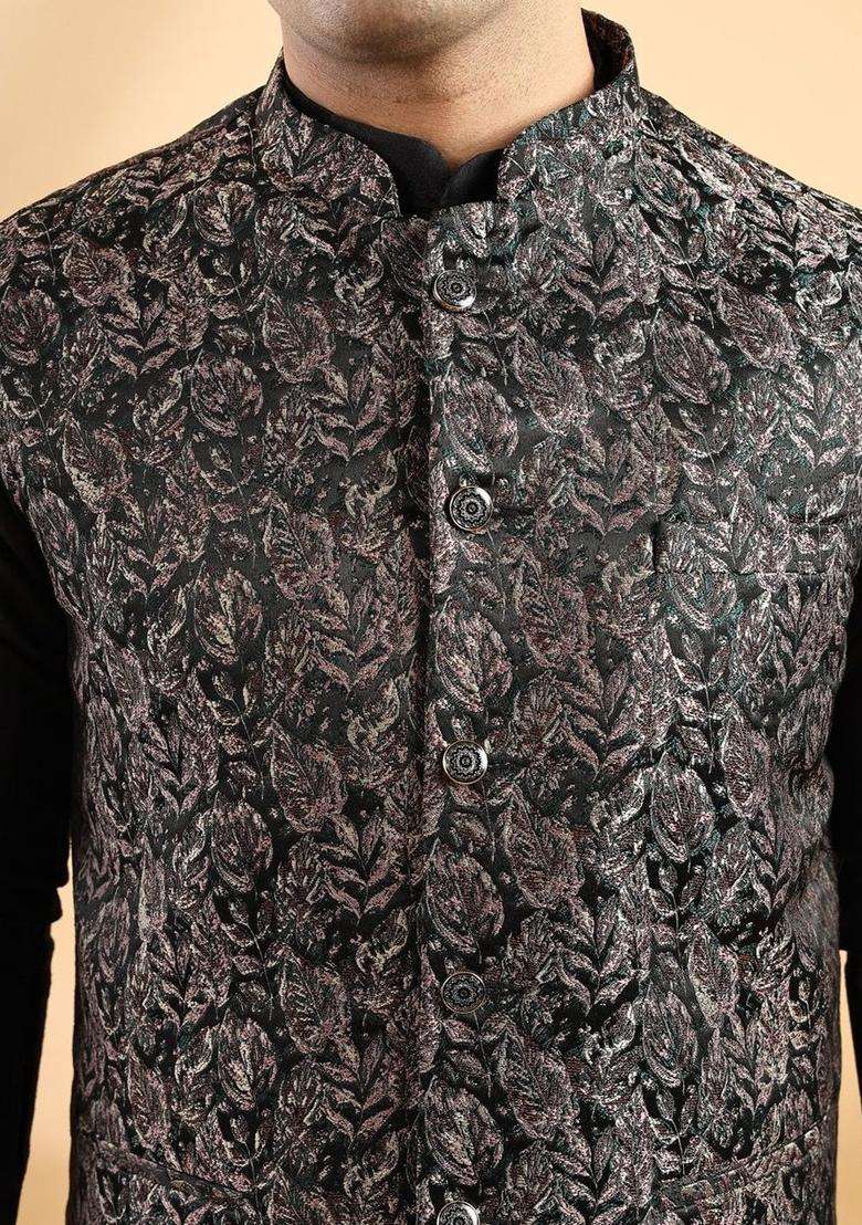 Black Solid Silk Blend Kurta Set For Men - Indya