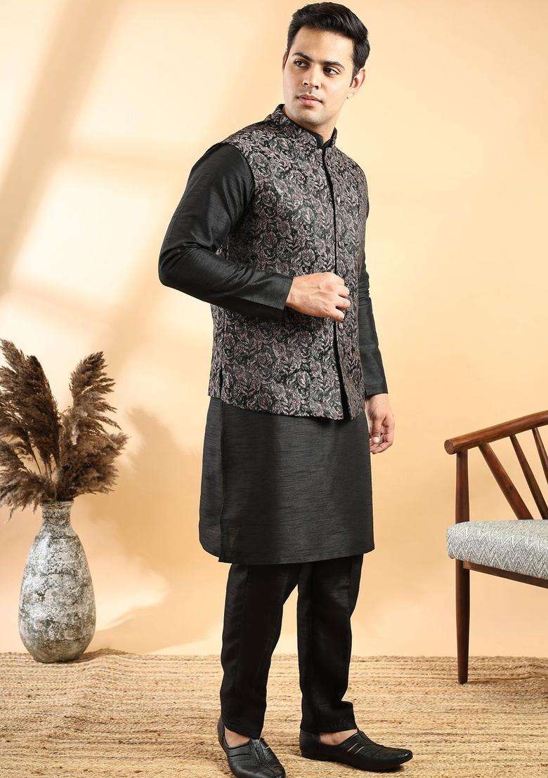 Black Solid Silk Blend Kurta Set For Men - Indya