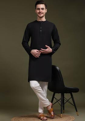Black Solid Cotton Kurta Set For Men