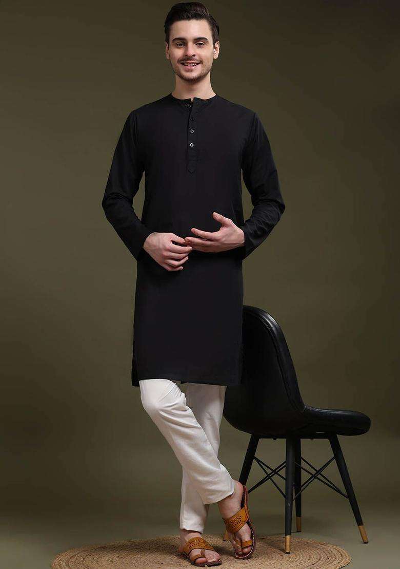 Black Solid Cotton Kurta Set For Men - Indya