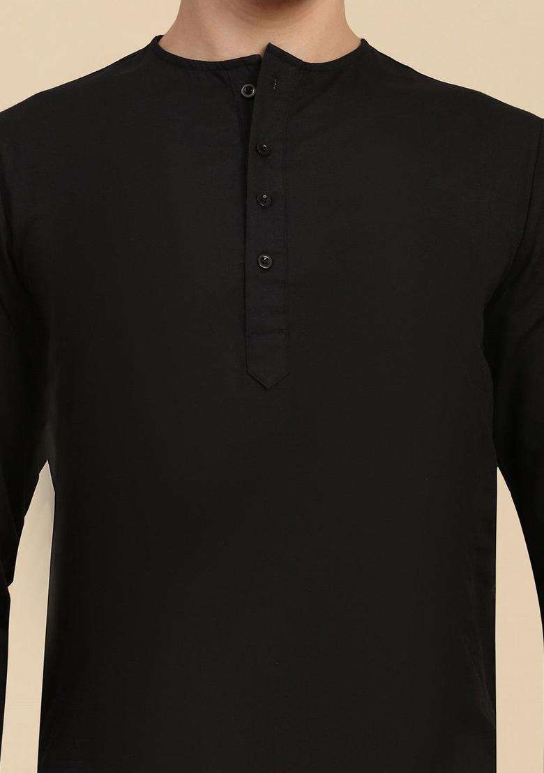Black Solid Cotton Kurta Set For Men - Indya
