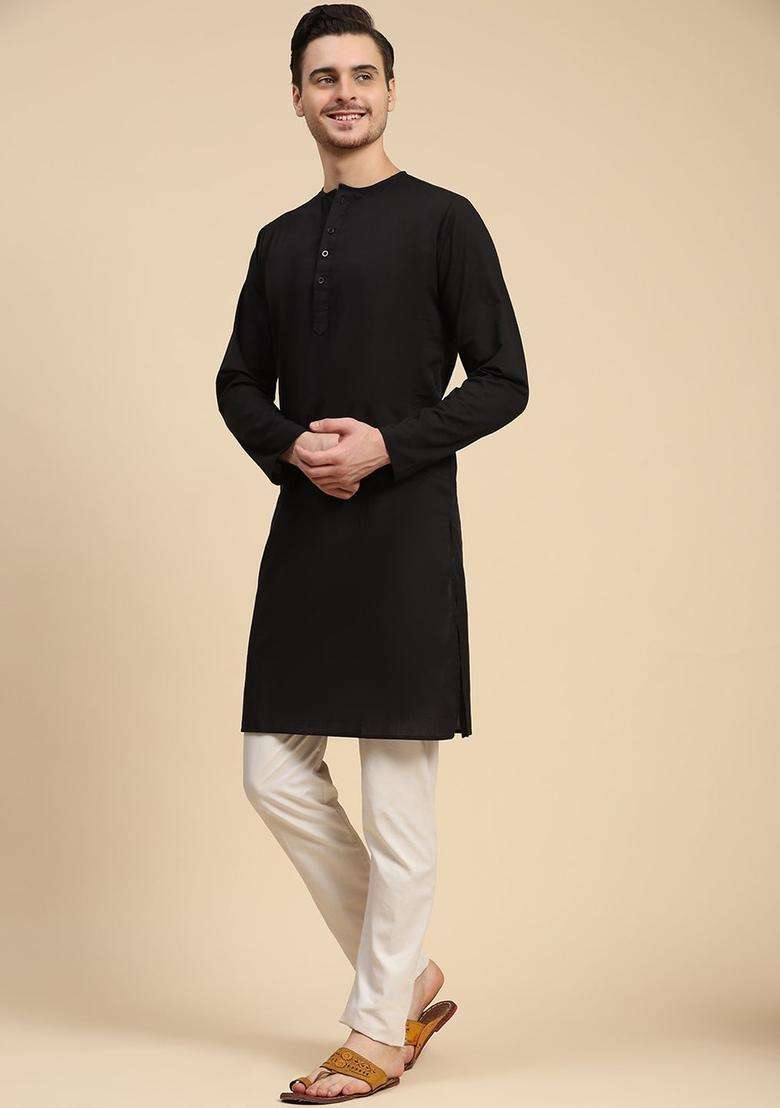Black Solid Cotton Kurta Set For Men - Indya