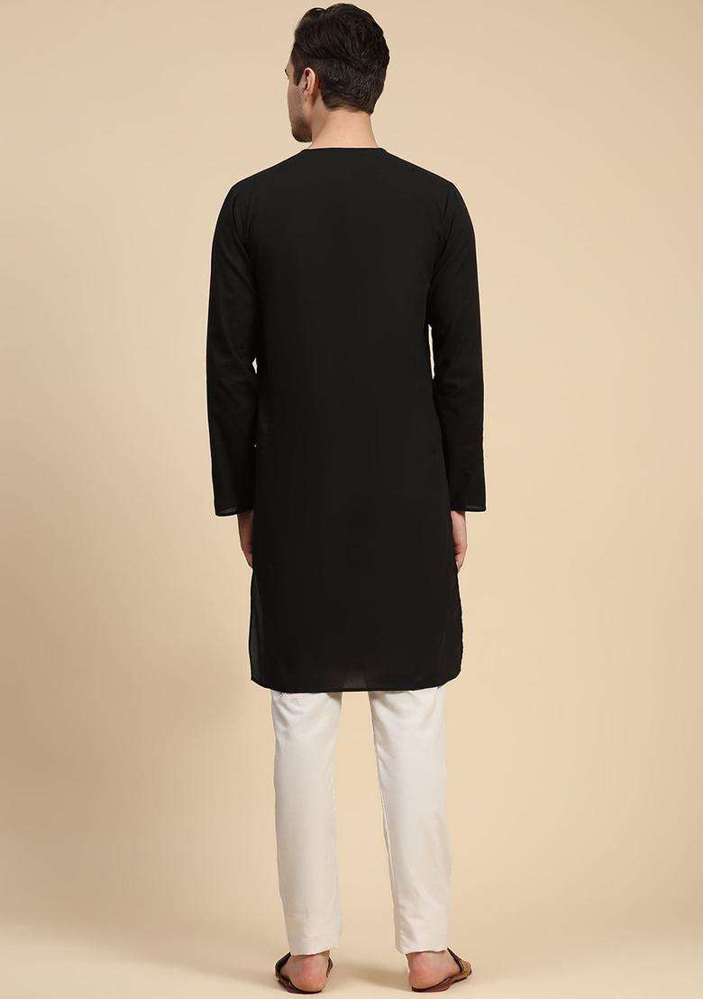 Black Solid Cotton Kurta Set For Men - Indya