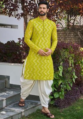Lime Green Embroidered Viscose Kurta Set For Men