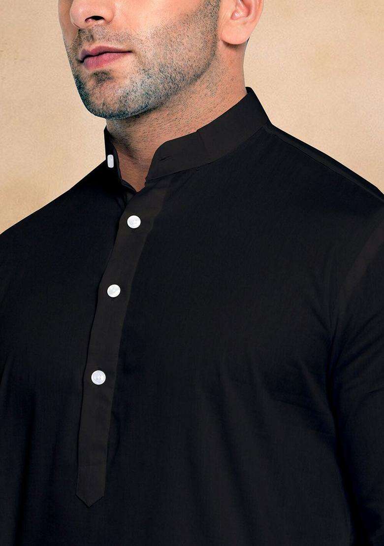 Black Solid Cotton Kurta Set For Men - Indya
