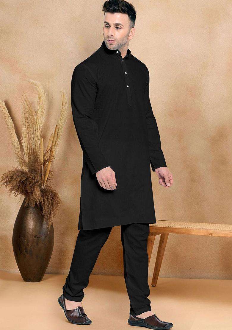 Black Solid Cotton Kurta Set For Men - Indya