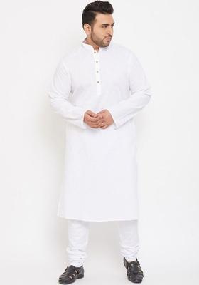 White Solid Cotton Kurta Set For Men