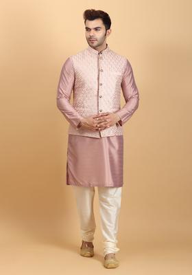 Pink Solid Silk Kurta Set For Men